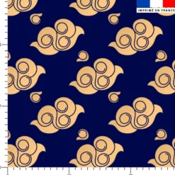 Satin bleu foncé motif nuage chinois beige