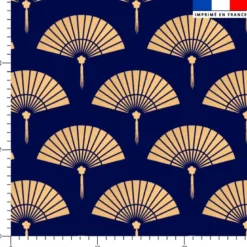 Satin bleu foncé motif éventail chinois beige