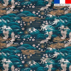 Satin bleu marine foncé motif grue et vague déchainée