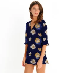Satin bleu marine imprimé multi-fleurs