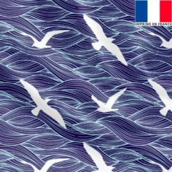 Satin bleu marine motif vague et mouette blanche