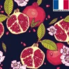 Satin bleu nuit motif grenade et fleur rose