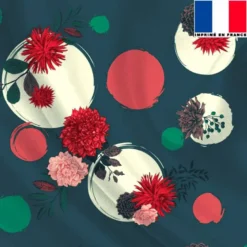Satin bleu paon imprimé rond et fleur