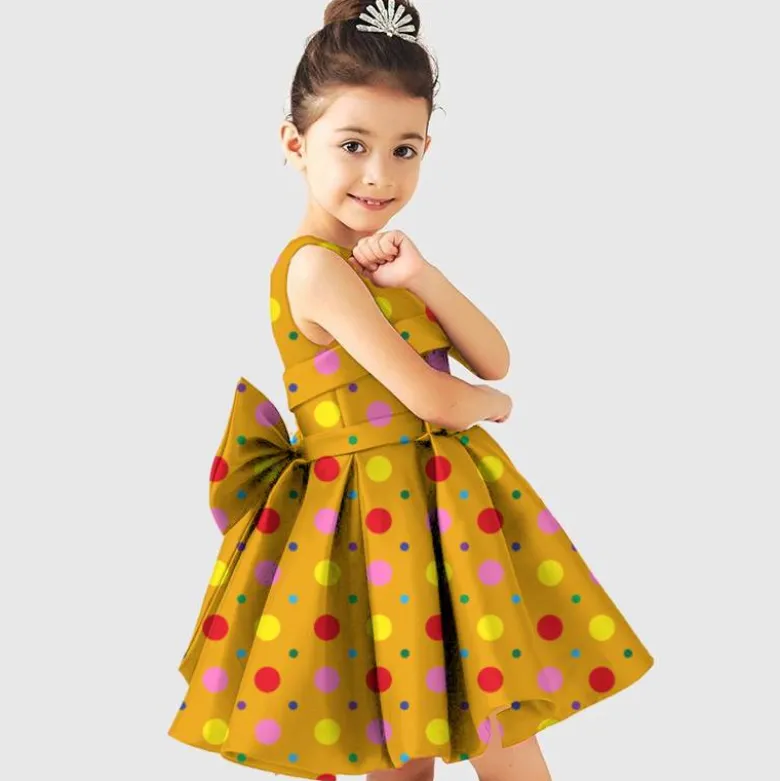 Satin ocre imprimé pois rouge et jaune