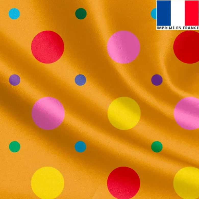 Satin ocre imprimé pois rouge et jaune