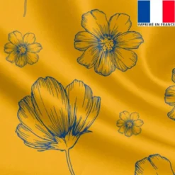 Satin or jaune motif fleurs bleues