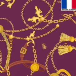 Satin prune imprimé chaine et abeille jaune