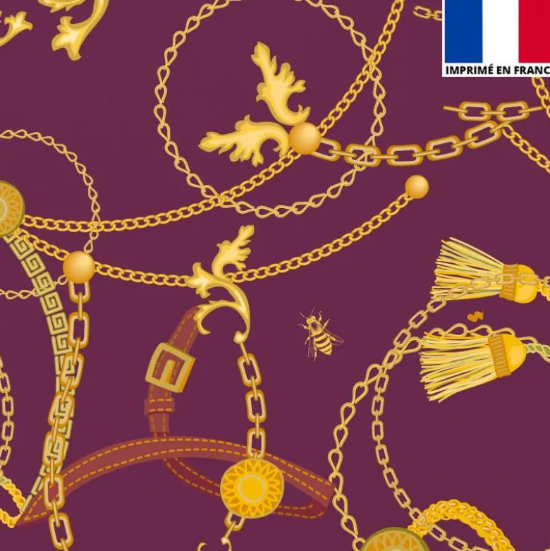 Satin prune imprimé chaine et abeille jaune