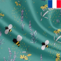Satin vert motif bouton d'or lavande et abeille