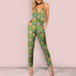 Satin vert motif feuille d'automne