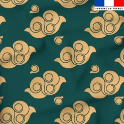 Satin vert motif nuage chinois beige