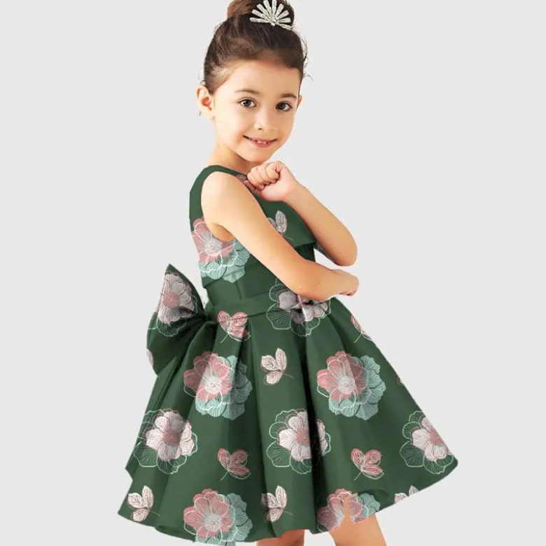 Satin vert olive imprimé multi-fleurs
