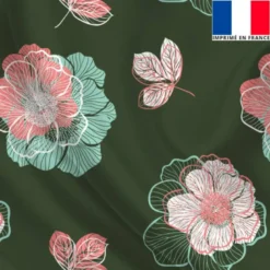 Satin vert olive imprimé multi-fleurs