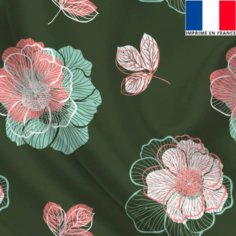 Satin vert olive imprimé multi-fleurs
