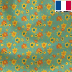 Satin vert opaline motif fleur seventies jaune et orange