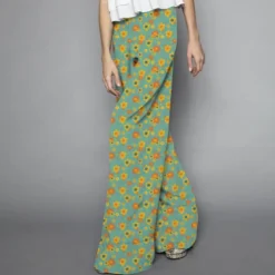 Satin vert opaline motif fleur seventies jaune et orange
