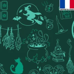 Satin vert sapin imprimé sorcellerie turquoise