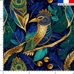 Simili cuir imprimé paon or bleu et vert art déco