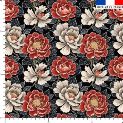 Simili cuir imprimé pivoines rouges et beiges