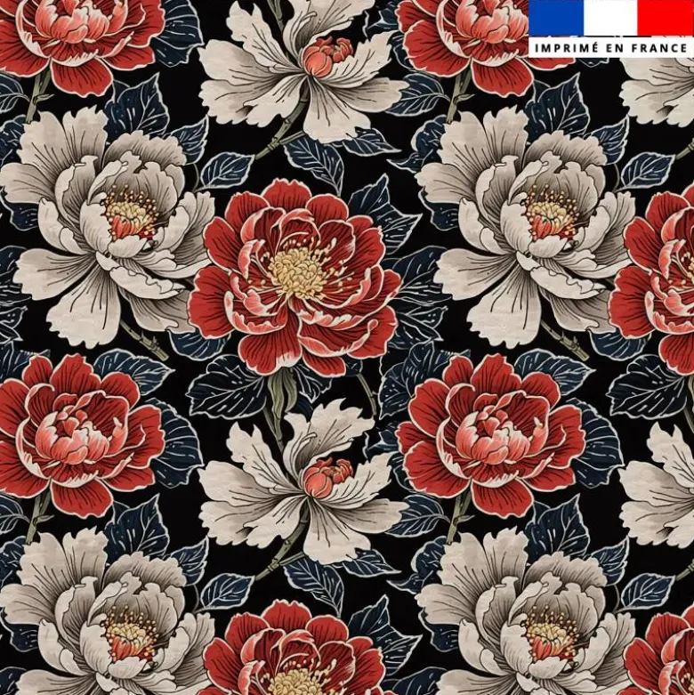 Simili cuir imprimé pivoines rouges et beiges