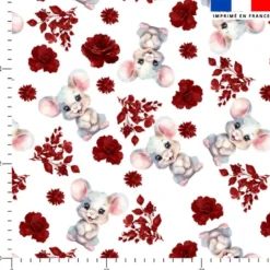 Souris et rose aquarelle lie de vin - Fond blanc