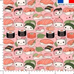 Sushi et maki souriant - Fond rose
