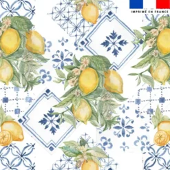 Tissu anti-tâche pour nappe imprimé citron jaune et carreaux vintages bleus