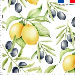 Tissu anti-tâche pour nappe imprimé citron jaune et olive noire