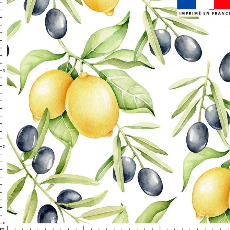 Tissu anti-tâche pour nappe imprimé citron jaune et olive noire