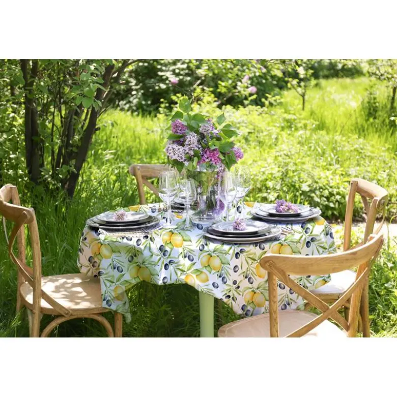 Tissu anti-tâche pour nappe imprimé citron jaune et olive noire
