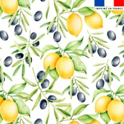 Tissu anti-tâche pour nappe imprimé citron jaune et olive noire