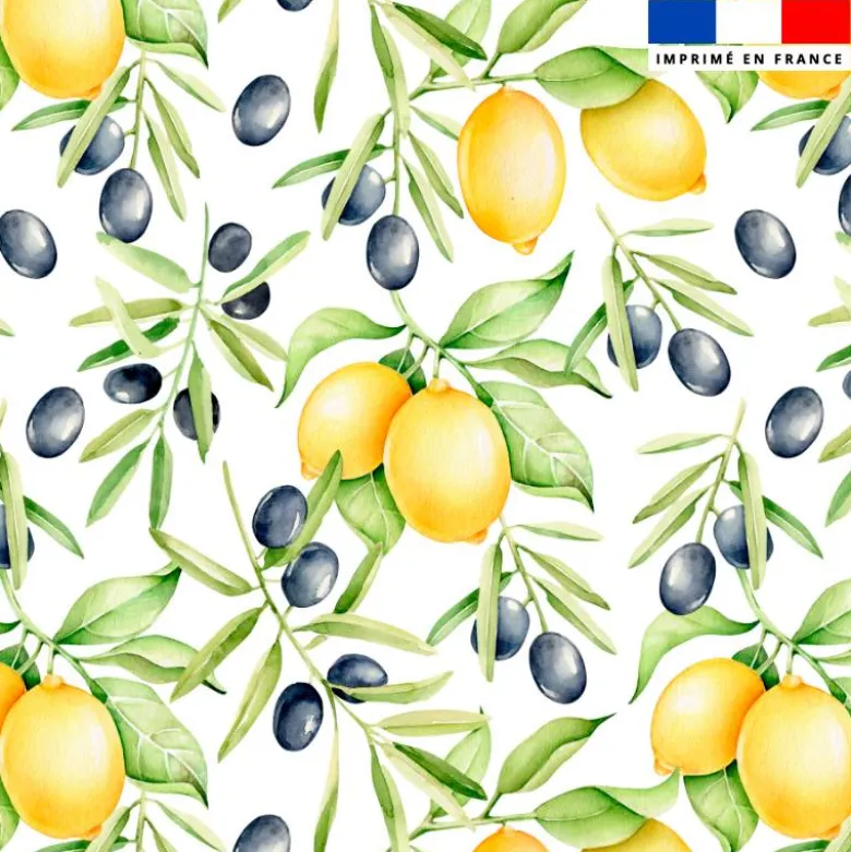 Tissu anti-tâche pour nappe imprimé citron jaune et olive noire
