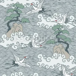 Tissu grues graphiques et vagues Japonaises personnalisé