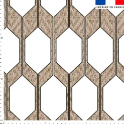 Tissu imperméable aspect toile de jute motif forme géométrique rotin et gris blanc
