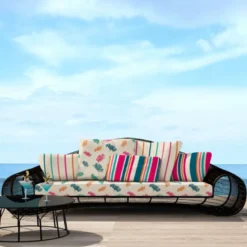 Tissu imperméable beige effet chiné motif fleur multicolore