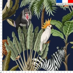 Tissu imperméable bleu marine motif jungle et animaux