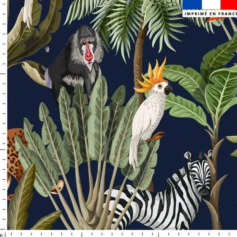 Tissu imperméable bleu marine motif jungle et animaux
