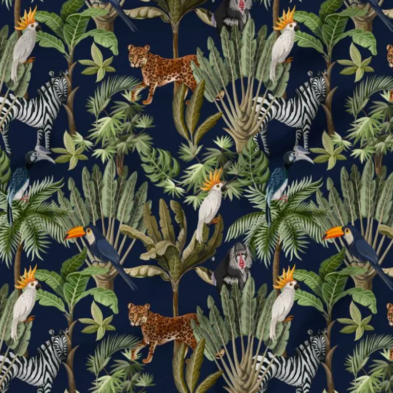 Tissu imperméable bleu marine motif jungle et animaux