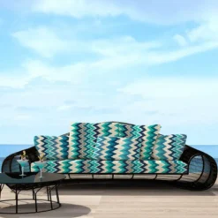 Tissu imperméable bleu motif chevron vert et grège