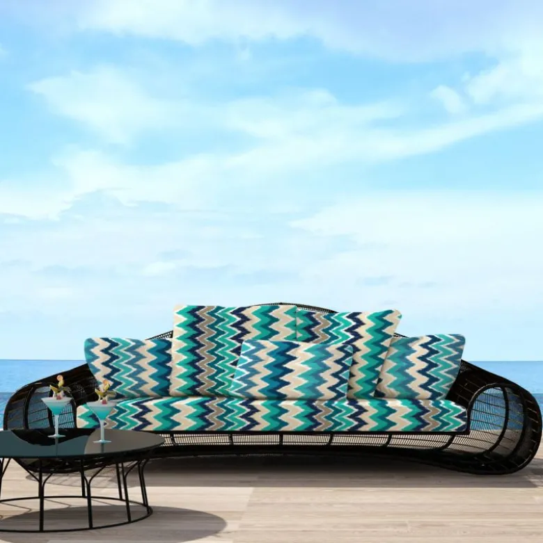 Tissu imperméable bleu motif chevron vert et grège