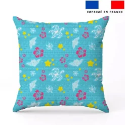 Tissu imperméable bleu motif tortue et raie manta maori blanche