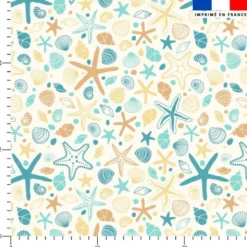 Tissu imperméable créme motif coquillage et étoile de mer
