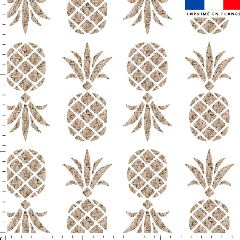 Tissu imperméable écru motif ananas tropical effet rotin
