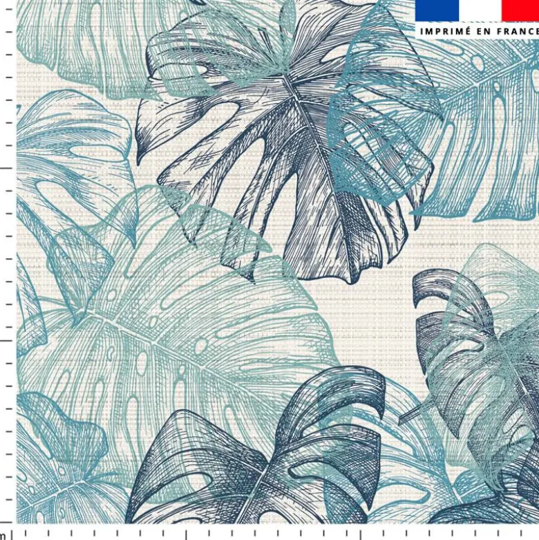 Tissu imperméable écru motif feuille de monstera bleu