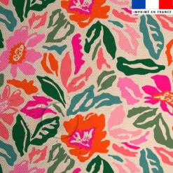 Tissu imperméable écru motif fleurs et feuilles colorées