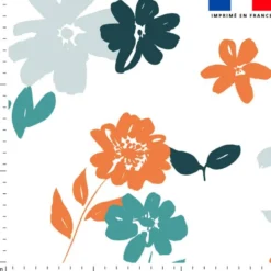 Tissu imperméable écru motif fleur orange et bleue
