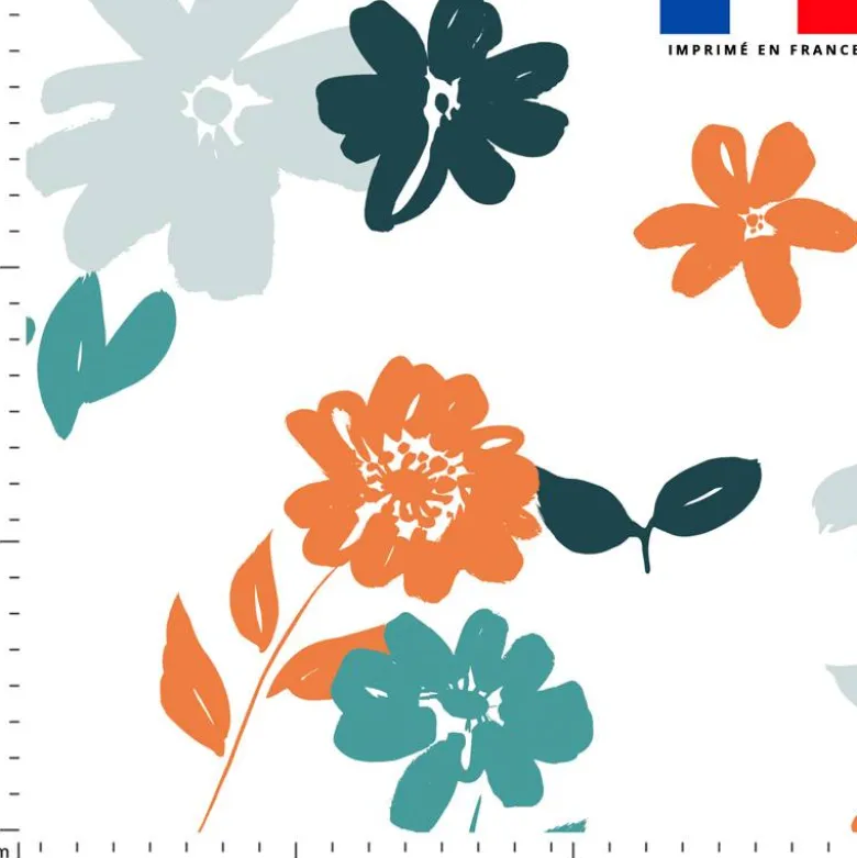 Tissu imperméable écru motif fleur orange et bleue
