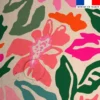 Tissu imperméable écru motif grandes fleurs et feuilles colorées