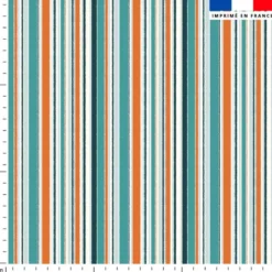Tissu imperméable écru motif rayure fine orange et bleue