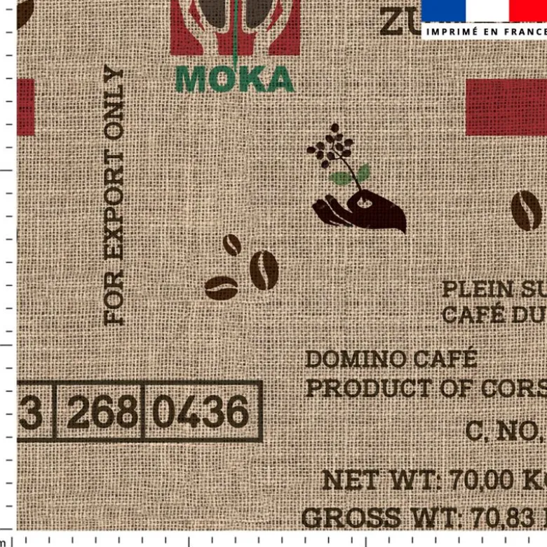 Tissu imperméable effet toile de jute motif café du Sud
